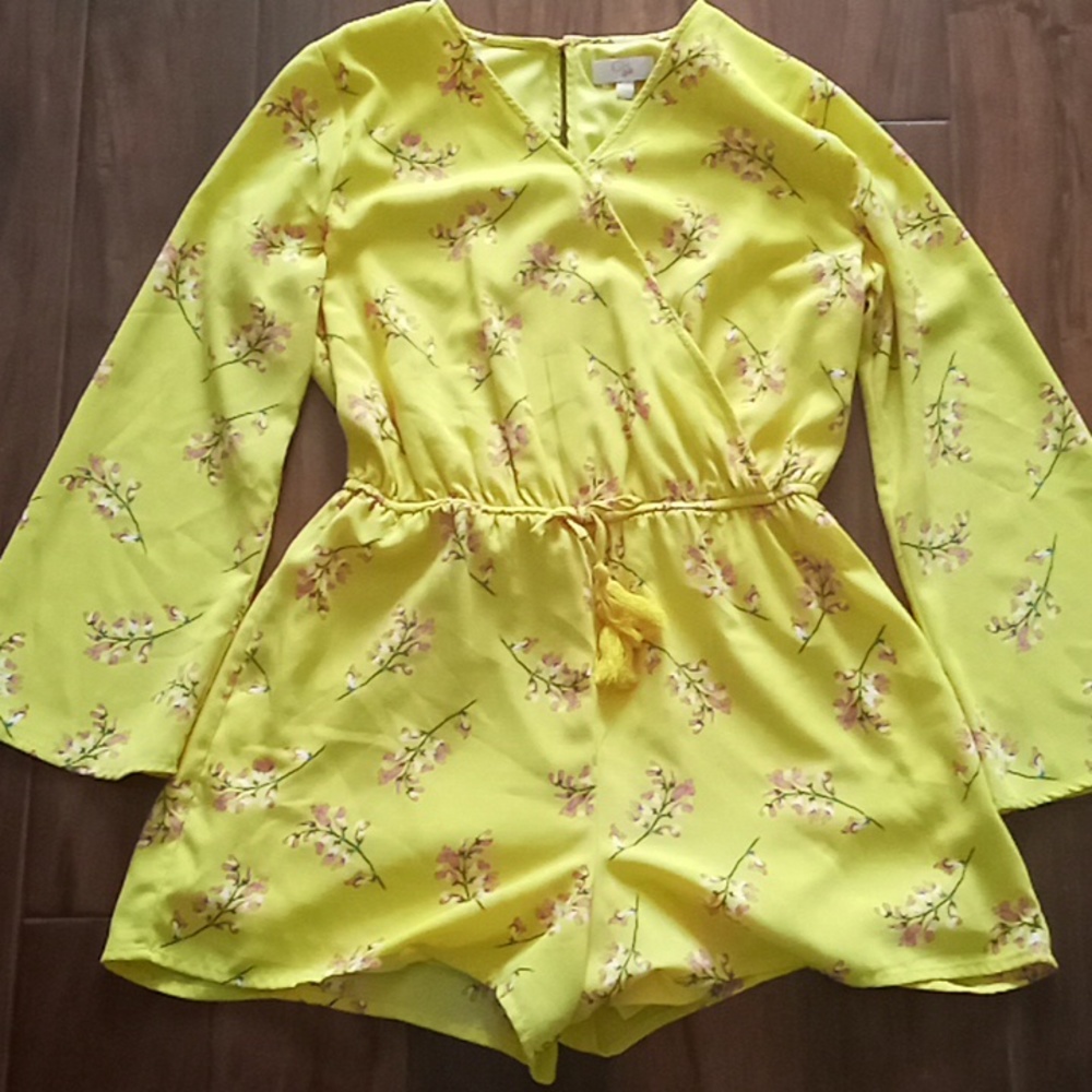 Yellow, Floral, Short Romper